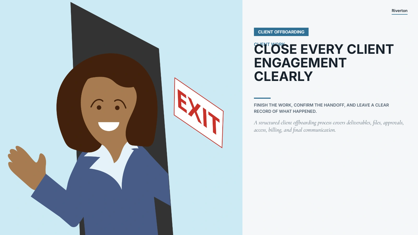 Riverton client offboarding checklist for final delivery, files, approvals, access, and project closure