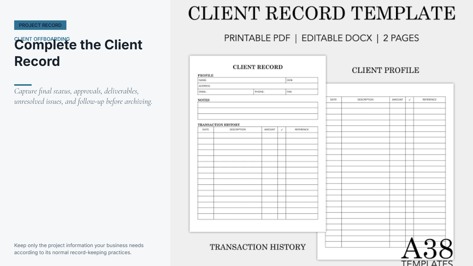 Riverton client offboarding record showing final status, approvals, deliverables, issues, and follow-up notes